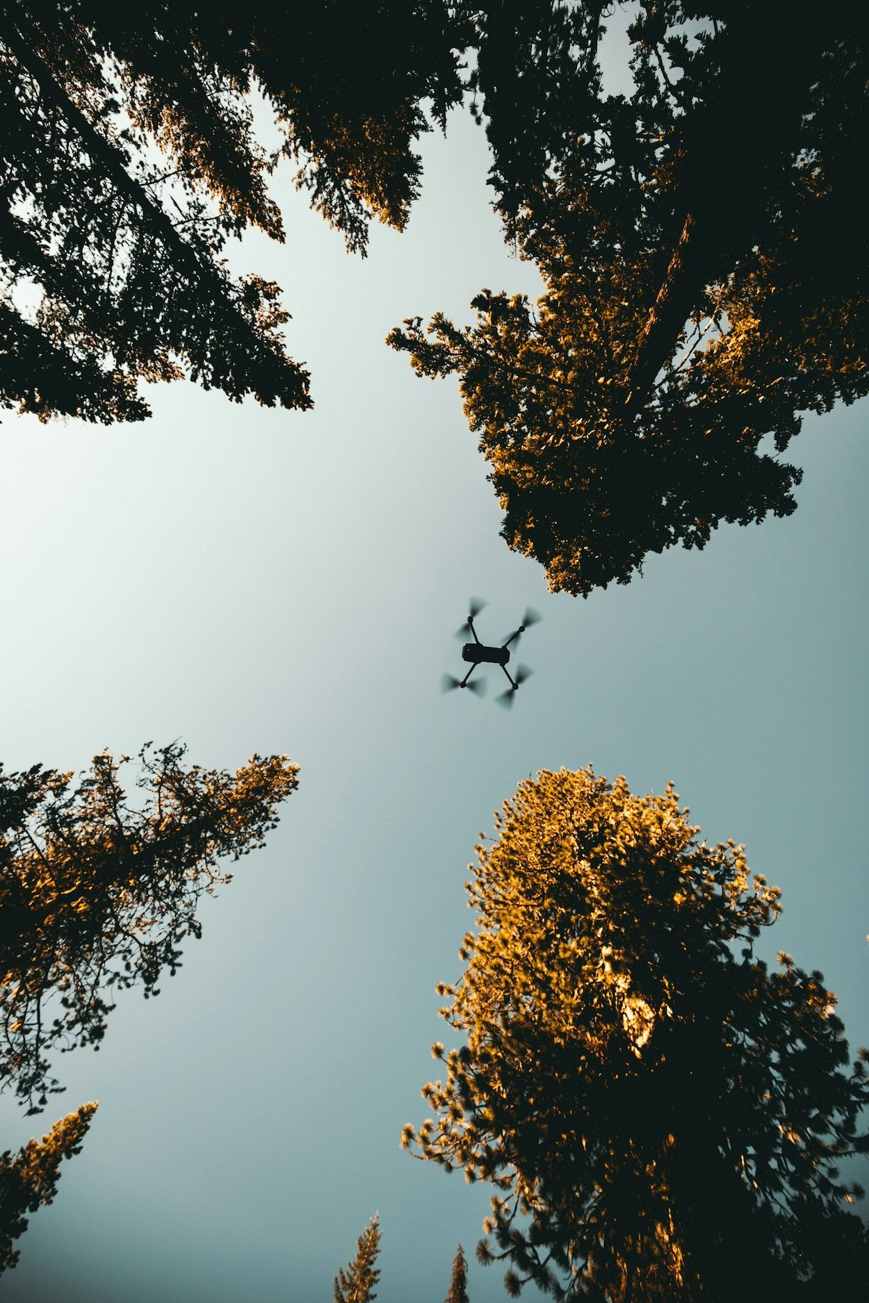 Drohne im Flug, repräsentiert den Einsatz moderner Technologie in der Kunst und die Notwendigkeit spezialisierter Versicherungslösungen.
